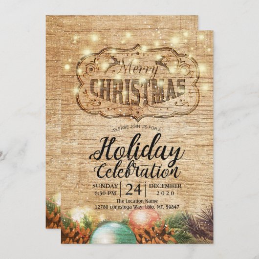 Invitation Fête de Noël Bois rustique (Devant / Derrière)