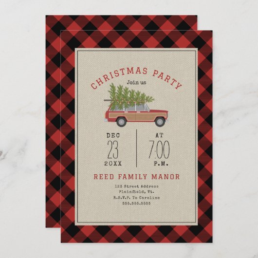Invitation Fête de Noël Bois Wagon Car Tree Plaid (Devant / Derrière)