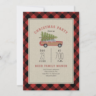 Invitation Fête de Noël Bois Wagon Car Tree Plaid
