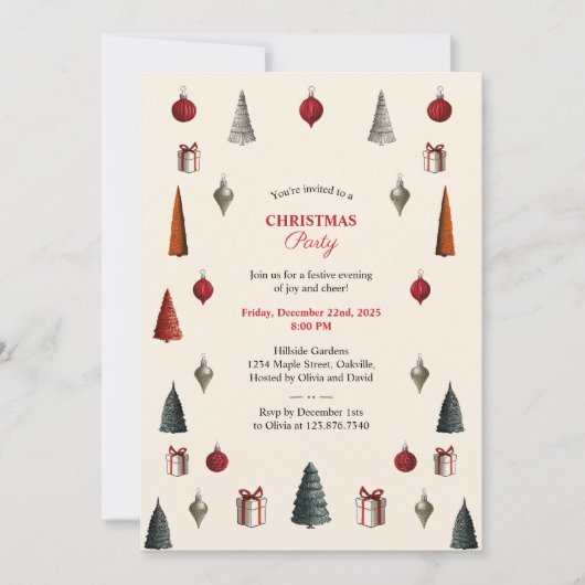 Invitation Fête de Noël bordeaux et beige rétro (Devant)