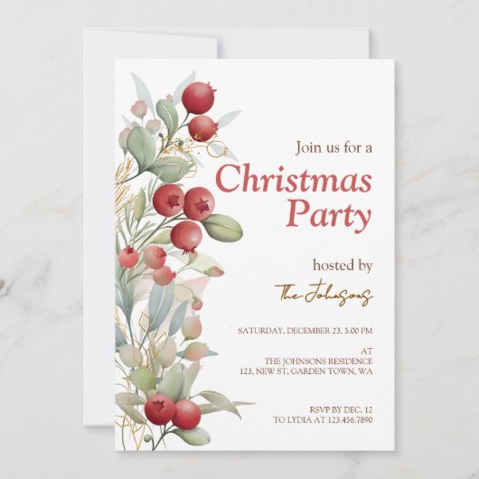 Invitation Fête de Noël botanique des baies rouges (Devant)