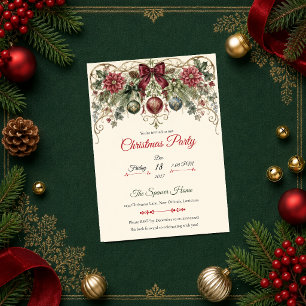 Invitation Fête de Noël botanique élégante en bordeaux