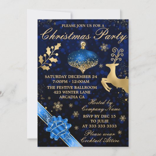 Invitation Fête de Noël boule et ruban bleu et or (Devant)