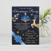 Invitation Fête de Noël boule et ruban bleu et or (Debout devant)