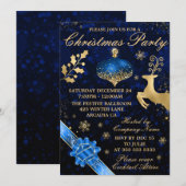 Invitation Fête de Noël boule et ruban bleu et or (Devant / Derrière)