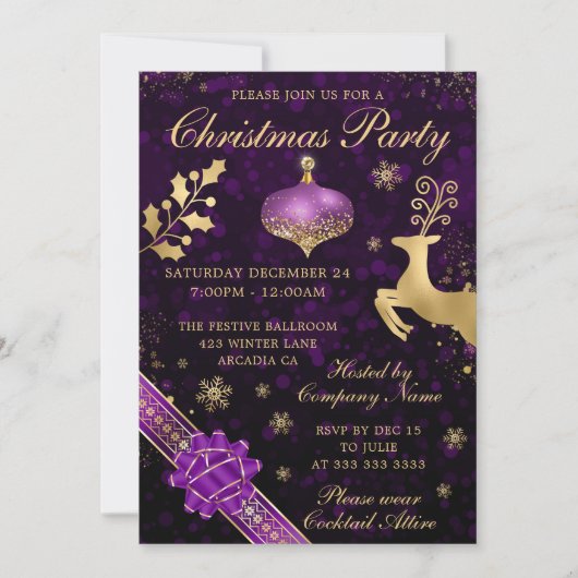 Invitation Fête de Noël boule et ruban violet et or (Devant)