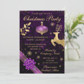 Invitation Fête de Noël boule et ruban violet et or (Debout devant)