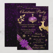 Invitation Fête de Noël boule et ruban violet et or (Devant / Derrière)