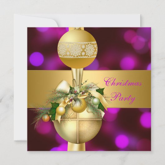 Invitation Fête de Noël Boules Dorées Violet Rose (Devant)