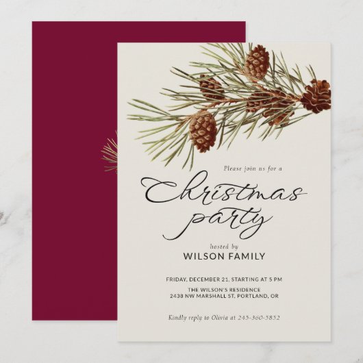 Invitation Fête de Noël Branche de pin Écriture moderne de va (Devant / Derrière)