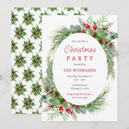 Invitation Fête de Noël Branches de Pin et Baies (Devant / Derrière)
