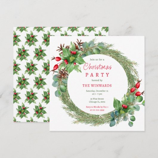 Invitation Fête de Noël Branches de Pin et Baies (Devant / Derrière)
