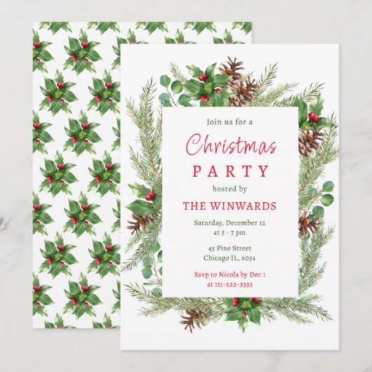 Invitation Fête de Noël Branches de Pin et Baies (Devant / Derrière)