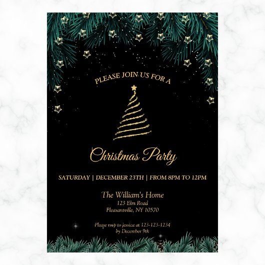 Invitation Fête de Noël | Branches Gold Tree, Stars & Pine