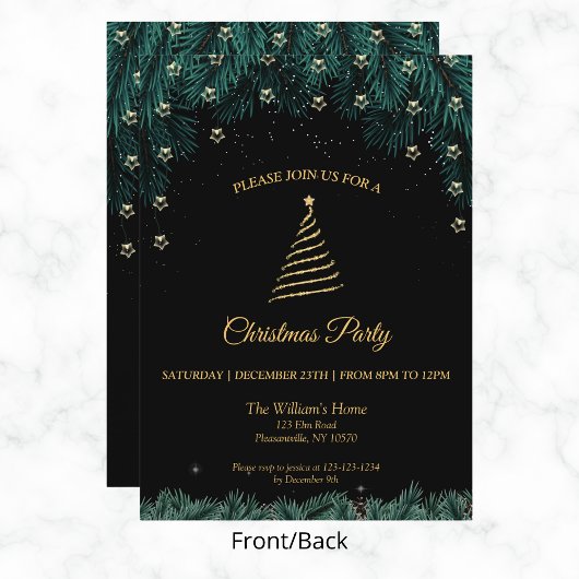 Invitation Fête de Noël | Branches Gold Tree, Stars & Pine