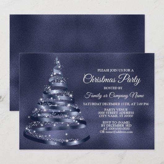 Invitation Fête de Noël Brillant Bleu Ruban Arbre Étincelle (Devant / Derrière)