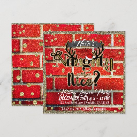 Invitation Fête de Noël Brique Rouge et Paillettes Méchant ou (Devant / Derrière)