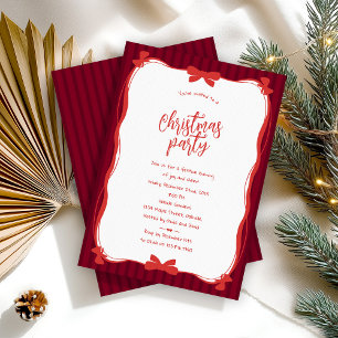 Invitation Fête de Noël Burgundy Whimsical Red Bow rayée