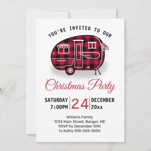 Invitation Fête de Noël Camping Red Buffalo Plaid Holiday (Devant)