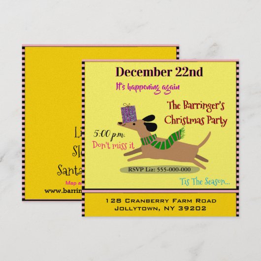 Invitation Fête de Noël Chien Saucisse Joyeux (Devant / Derrière)