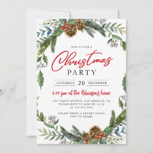 Invitation Fête de Noël classique Holly Berries Acorn (Devant)