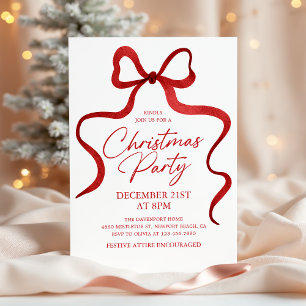 Invitation Fête de Noël Classique Ruban Rouge Coquette