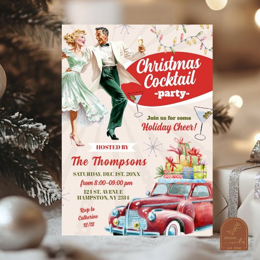 Invitation Fête de Noël Cocktail Rétro Vintage