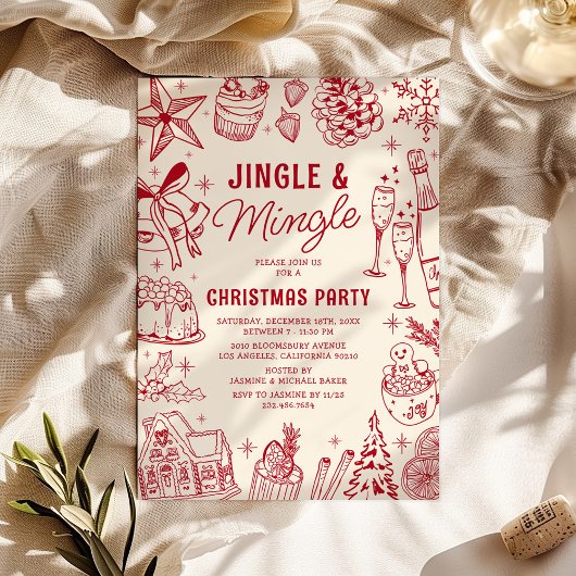 Invitation Fête de Noël Cozy Red Doodle
