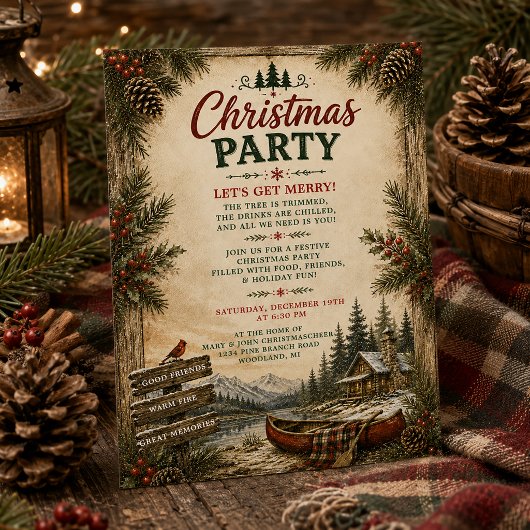 Invitation Fête de Noël dans un chalet rustique en forêt |