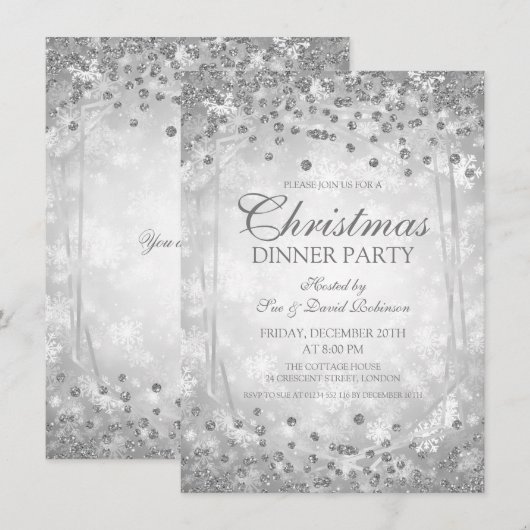 Invitation Fête de Noël d'argent Glam d'hiver (Devant / Derrière)