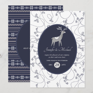 Invitation Fête de Noël d'art folklorique cerf bleu marine TO
