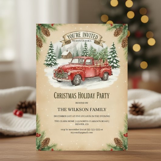 Invitation Fête de Noël de camion rouge rustique