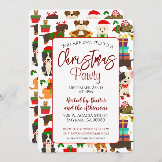 Invitation Fête de Noël de chien Pawty (Devant / Derrière)