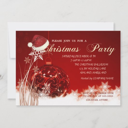 Invitation Fête de Noël de Christmas Ball, Santa Hat, Company (Devant)