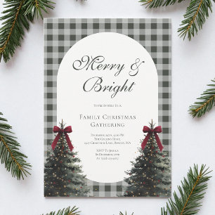 Invitation Fête de Noël de famille en gingham vert avec un él