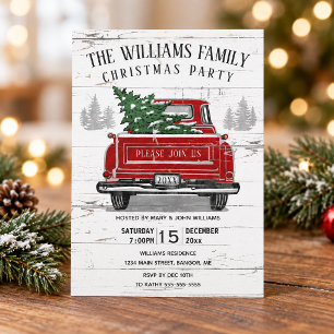 Invitation Fête de Noël de famille rustique avec camion rouge