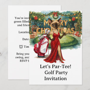 Invitation Fête de Noël de golf avec Chat sur mettre en vert