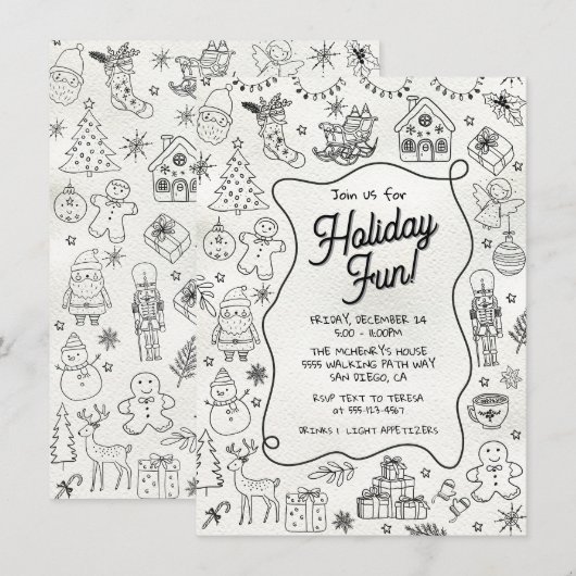 Invitation Fête de Noël de gribouillis dessinée à la main (Devant / Derrière)