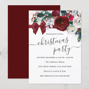 Invitation Fête de Noël de la Bow Floral Aquarelle Rouge