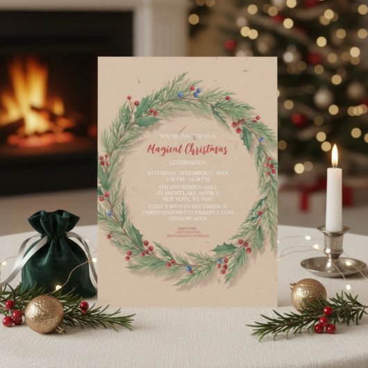 Invitation Fête de Noël de la Couronne de pin rustique