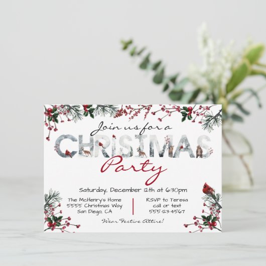 Invitation Fête de Noël de la forêt d'aquarelle de bois (Debout devant)