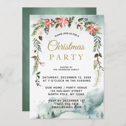 Invitation Fête de Noël de la Forêt Florale Rustique d'hiver (Devant / Derrière)