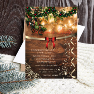 Invitation Fête de Noël de la société Red Bow, Rustic, Gold