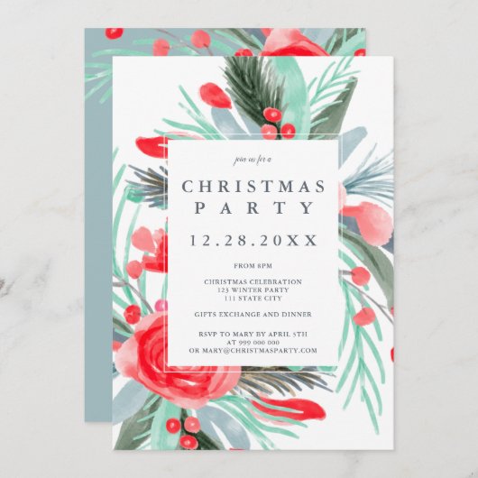Invitation Fête de Noël de l'aquarelle verte rouge moderne (Devant / Derrière)