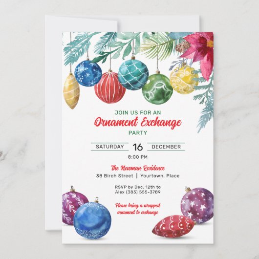 Invitation Fête de Noël de l'échange d'ornements d'aquarelle (Devant)
