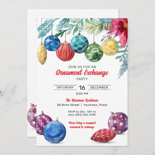 Invitation Fête de Noël de l'échange d'ornements d'aquarelle (Devant / Derrière)