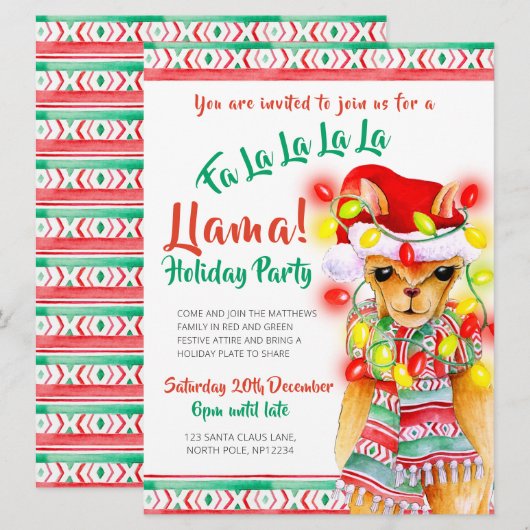 Invitation Fête de Noël de Llama (Devant / Derrière)