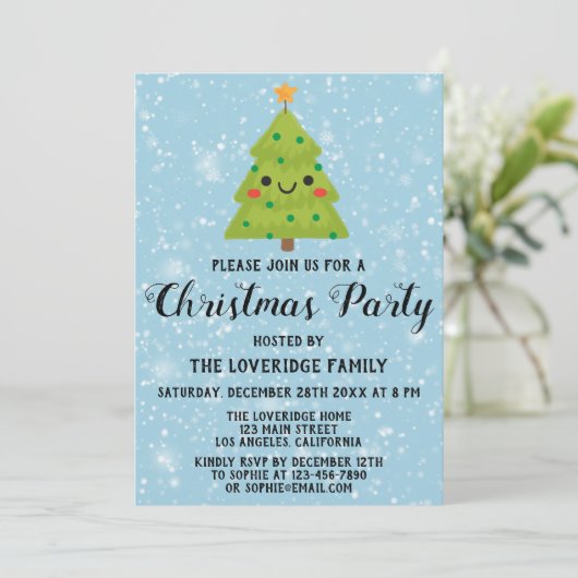 Invitation Fête de Noël de Noël Vert Arbre Bleu Neige (Debout devant)