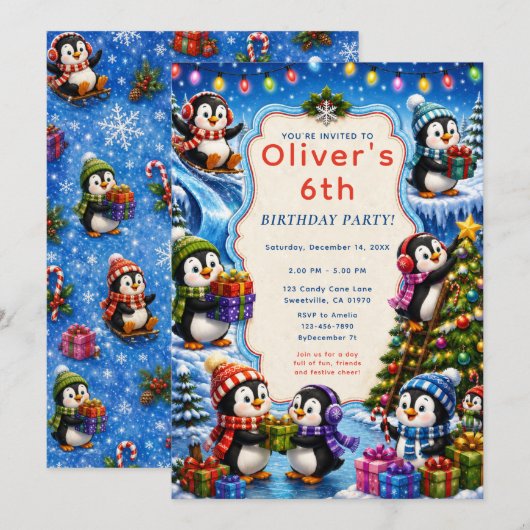 Invitation Fête de Noël de pingouin mignon (Devant / Derrière)