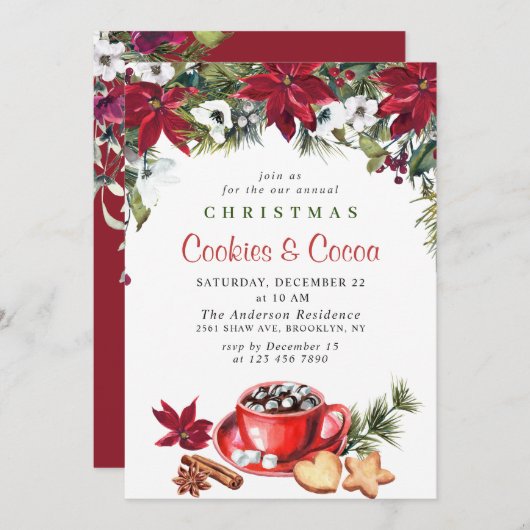 Invitation Fête de Noël de Poinsettia Cookies et cacao (Devant / Derrière)